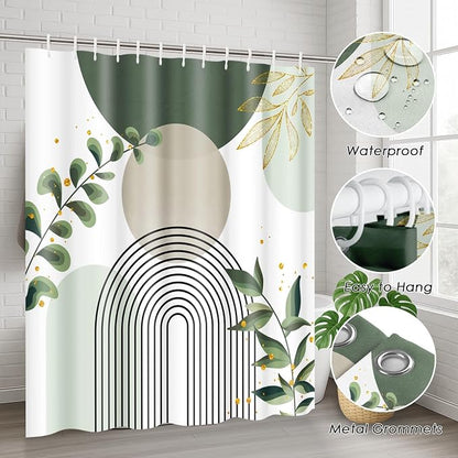 Boho Sage Green Mid Century Shower Curtain Set with Toilet Lid Cover and Non-Slip Rugs, Abstract Bohemian Gold Leaves Plant 4 Pcs Modern Minimalist Shower Curtain for Bathroom Set with 12 Hooks