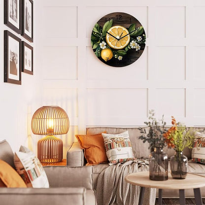 Lemon Flowers Wall Clock Battery Operated Non-Ticking 12" Round Wood Clocks, Vintage Style Kitchen Wall Clock for School Bathroom Living Room Home Office Wall Decor