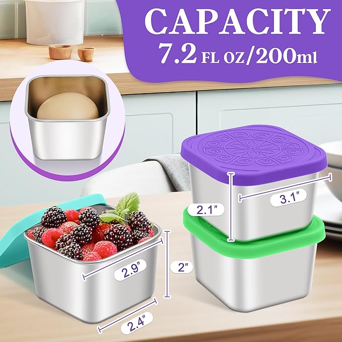 Stainless Steel Snack Containers for Kids,7.2oz Easy Open Leak Proof Reusable Snack Box Container with Lids,Small Lunch Containers for Meal Prep,School,Picnic and Travel-3Pack