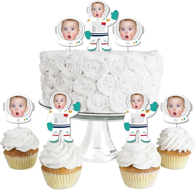 Big Dot of Happiness Custom Photo Blast Off to Outer Space - Dessert Cupcake Toppers - Fun Face Clear Treat Picks - Set of 24