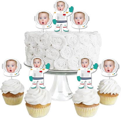 Big Dot of Happiness Custom Photo Blast Off to Outer Space - Dessert Cupcake Toppers - Fun Face Clear Treat Picks - Set of 24