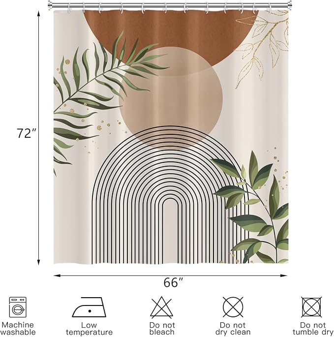 Boho Mid Century Shower Curtain, Brown Modern Minimalist Abstract Geometric Green Gold Plant Leaves Sun Arch Bathroom Curtains Waterproof Fabric Buthtub Curtain Set with Hooks 66" Wx72 L