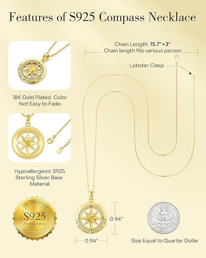 S925 Necklace Gift for Wife |Compass Jewelry |Women Anniversary |Sterling Silver |Girlfriend Birthday Gifts for Her Valentines |I'd be Lost without You |Jewel 18K Gold