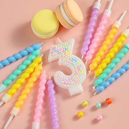 PHD CAKE Number 3 Birthday Candle Macaron Glitter Number Candle with Rainbow Spiral Candles in Holders for Cake Topper, Pastel Sweet Theme Party Decoration