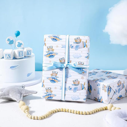 WRAPAHOLIC Bear Baby Shower Wrapping Paper - Mini Roll - 3 Rolls - 17 Inch x 120 Inch - Adventure Bear in Airplane and Party Design for Baby Shower, Boy Birthday