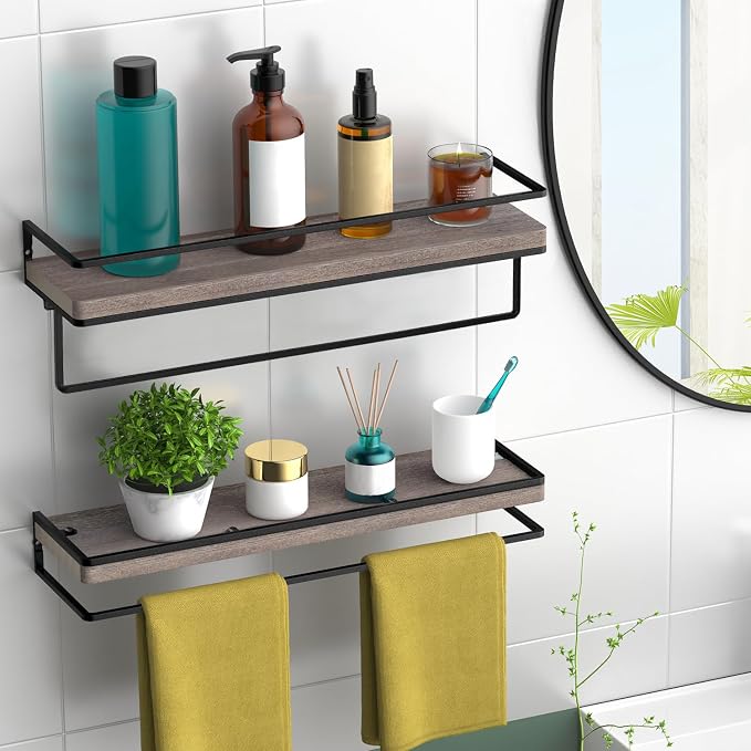 Meangood Floating Shelves Wall Mounted, Wall Shelf with Towel Bar Rustic Wood Wall Storage Shelves for Bedroom,Living Room,Bathroom, Kitchen (Set of 2/Brown)