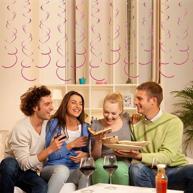 PIGETALE 30 Pieces Iridescent Hot Pink Hanging Swirl Decorations Plastic Streamers Foil Swirls Ceiling Decorations Wedding Holiday Celebration Bachelorette Baby Shower Birthday Party Decorations