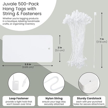 Blank Hang Tags with String & Fasteners – 2 x 3.5 in Cardstock Paper Tags for Labeling, Pricing, and Gifting, Perfect for Crafts, Retail, and Events – 500-Pack for Easy Organization
