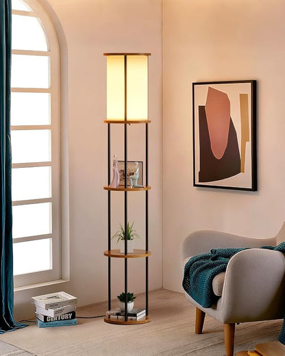 Lightdot 61" Floor Lamp with Shelves, Modern Black Standing Lamp with Fabric Shade and 3- Tier Solid Wood Table Attached, Corner Bookshelf Lamps with Bulb Included for Sofa Beside/Corner Decor