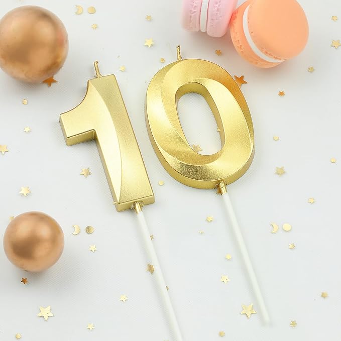 2.76 Inch Diamond Gold 10 Number Birthday Candles, Gold and Cake Number Candles for Party Celebration