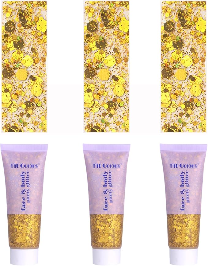 Face Body Glitter, Hair Glitter Sparkles Chunky Face Glitter Gel for Girls Makeup Singer Concerts Mermaid Festival Sequins Face Paint (3pc Gold)