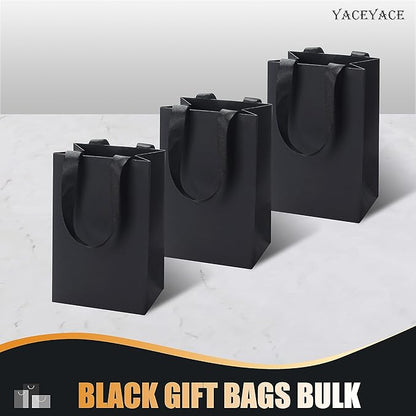 Black Kraft Paper Gift Bags - 20Pcs 5.25"x3.75"x8" With Ribbon Handles for Wedding, Party, Birthday, Retail