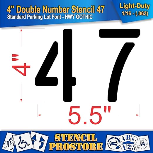 Pavement, Curb, and WheelStop Stencils - 4 inch Double Number Stencil - (47) - 4" x 5.5" x 1/16" (63 mil) - Light-Duty