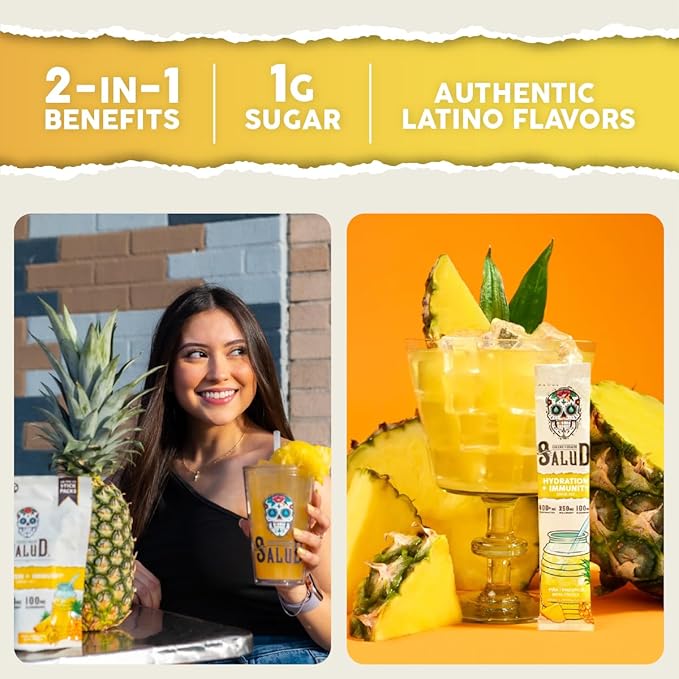 Salud 2-in-1 Hydration Packets + Immunity Electrolytes Powder, Pineapple - Agua Fresca Drink Mix, Elderberry, Dairy & Soy Free, Non-GMO, Gluten Free, Vegan, Low Calorie, 1g Sugar (15 Servings)