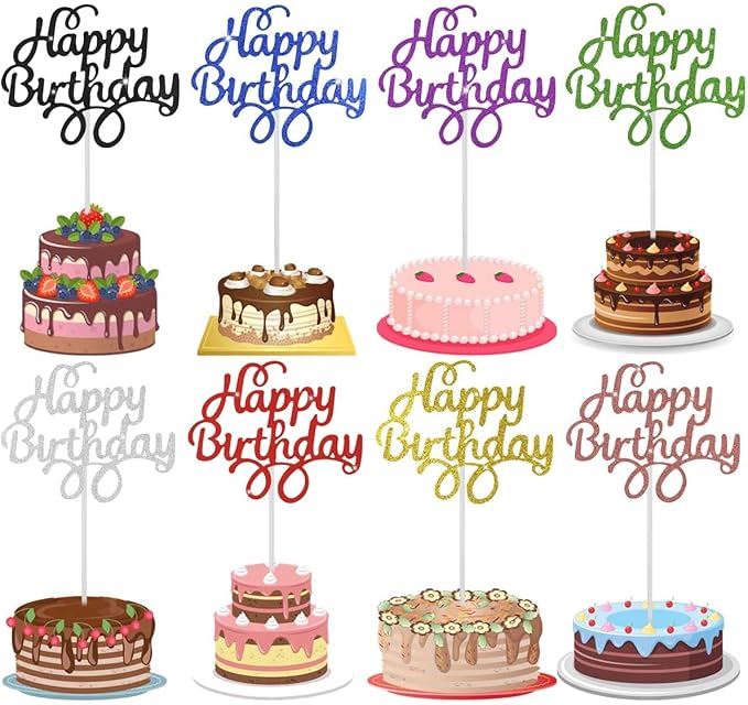 40 Pieces Happy Birthday Cake Toppers - Glitter Picks for Dessert Decorations - Party Supplies in 8 Colors