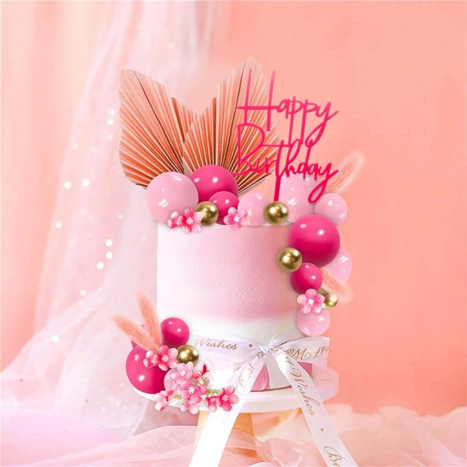 MEMOVAN Hot Pink Gold Balls Cake Toppers Flower Boho Cake Topper Balls Birthday Cake Decorations with Palm Leaves for Girl Bohemian Hot Pink Princess Theme Wedding Baby Shower Birthday Party-29PCS