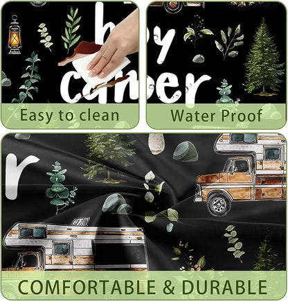 JAWO Picnic Table Cover with Bench Covers, Happy Camper Tablecloth,RV Plants Bonfire Black Rectangle Tablecloth for Indoor Outdoor Patio, 60x30 Inch