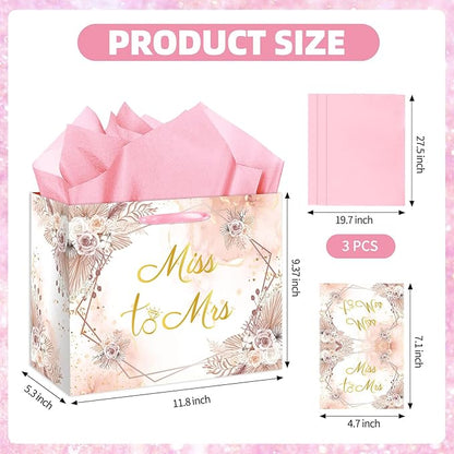 EIGHTSTATES Floral Boho Bridal Shower Gift Bag - Pink Miss to Mrs Wedding Gift Bags with Card & Tissue Paper - Bridal Shower Party Favors, Bachelorette Party Supplies & Wedding Gift Wrapping