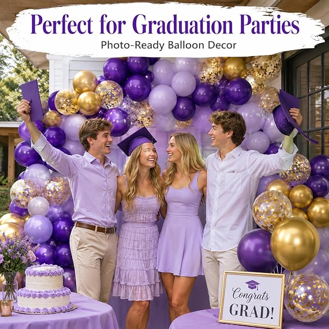 Purple and Gold Balloons, 60 Pcs Dark Purple Balloons with Confetti Gold Metallic Balloon, Globos Morados Lavender Balloon for Graduations Grad Prom Birthday Party Bridal Shower Decorations
