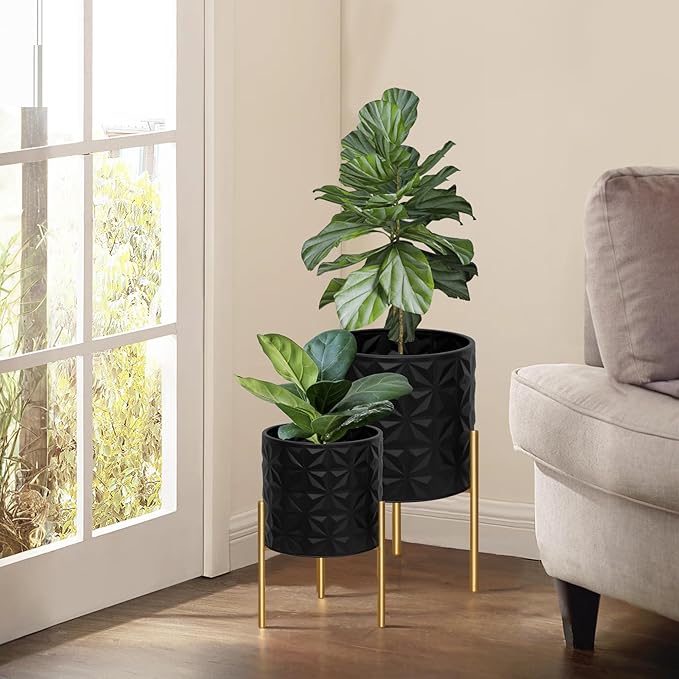 ARNIS Modern Planter Pots, Set of 2 Large Planters with Stand, Decorative Planters, Metal Pots with Drainage Holes for Living Room, Office, Garden or Balcony, 8.25 &10.5 Inch, Matte Black