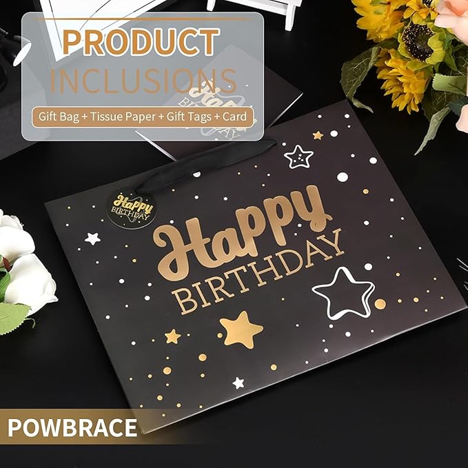 16" Black Happy Birthday Gift Bag with Tissue Paper and Greeting Card for Party,Happy Birthday Gift Bag for Men Women,Gift Bags Extra Large(1 PCS Black Hot Stamping)