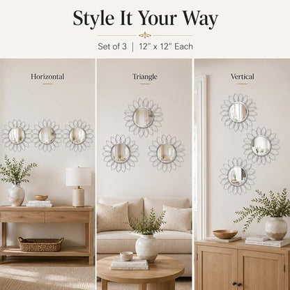 Silver Flower Mirror Set of 3, 3PCS Metal Round Decorative Wall Mirrors, Floral Petal Accent Mirror Wall Decor for Bathroom, Living Room, Bedroom & Entryway