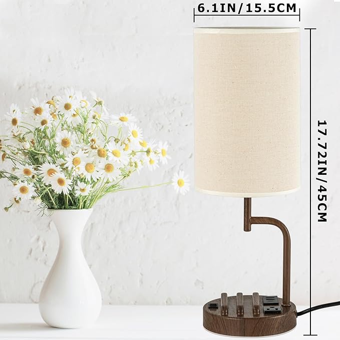 Dreamholder Table Lamp with 3 USB Charging Ports, Modern Desk Lamp with AC Outlet and Phone Stands, Perfect Bedside Lamp for Bedroom, Living Room, Office (Pack of 2), Walnut