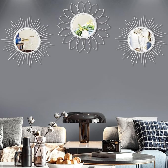 3 Pack Metal Mirrors for Wall Sunburst Wall Mirrors Home Décor Decorative Hanging Wall Art for Living Room Bedroom Entryway (Silver, Flower+Sunburst)