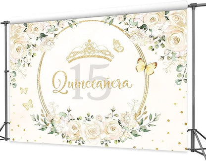 Homewelle Quinceañera Backdrop 7Wx5H Feet Polyester Fabric Mis Quince 15 Anos Birthday Party Decorations Supplies for Girl Princess White Floral Gold Crown Butterfly Photography Background Props