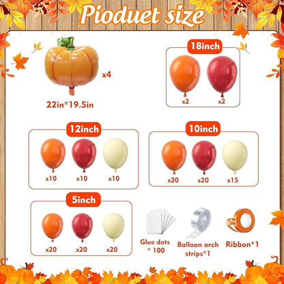 Fall Balloon Arch Garland Kit 153pcs with Pumpkins, Thanksgiving Balloons Arch Kit Burnt Orange Burgundy Yellow Balloons Different Sizes for Little Pumpkin Birthday Baby Shower Decoration