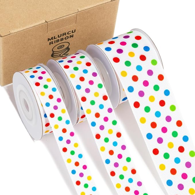 Polka Dot Ribbon Set 3 Rolls 5/8", 7/8", 1.5" Rainbow Colored Dot Grosgrain Ribbons for Gift Wrapping, Birthday Party, Baby Shower, Wreaths, Hair Bows, Banners, Candy Bags, DIY Crafts