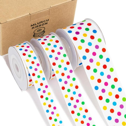 Polka Dot Ribbon Set 3 Rolls 5/8", 7/8", 1.5" Rainbow Colored Dot Grosgrain Ribbons for Gift Wrapping, Birthday Party, Baby Shower, Wreaths, Hair Bows, Banners, Candy Bags, DIY Crafts