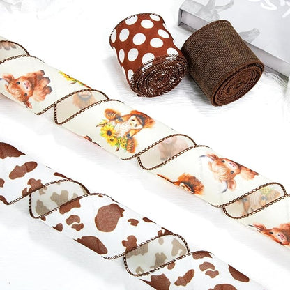 Summer Fall Highland Cow Print Ribbons Wired Edge, 4Rolls, 2.5inch X 20Yards, Brown and Dots Gift Wrapping Ribbons, Home Decor, DIY Crafts, Party Favor, Floral Arrangement Wreath Bow (Brown)