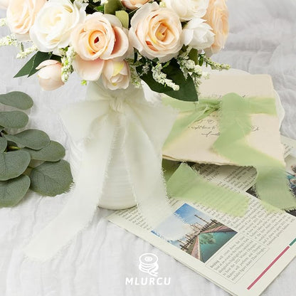 Sage Green Chiffon Ribbon 1.5 Inch x 21Yds Handmade Fringe Chiffon Silk Ribbon Sage Green/Desert Sage/Cream Frayed Chiffon Ribbon for Wedding Invitation Flower Bouquets Bridal Shower Gift Wrapping