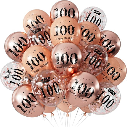 Rose Gold Birthday Balloons Decorations - 24 Pcs 100th Birthday Balloons for Women, Pearl Metallic Rose Gold Balloon, Glitter Confetti Balloon for 100 Years Old Hbd Anniversary Party Decoration