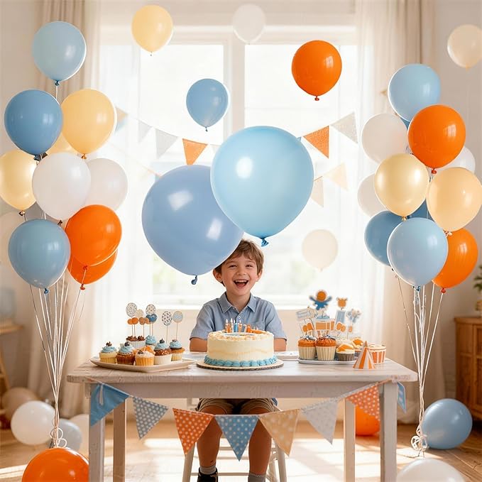 Blue and Orange Baby Shower Balloons Desorations, Pastel Dusty Blue Orange Nude Light Gold Latex Balloons Set for Kids Birthday Baby Shower Graduation Summer Beach Pool Carnival Sport Party Decor