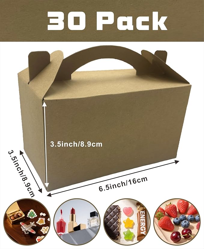 30-Pack Kraft Brown Gable Treat Boxes with Handles, 6" Pop-Up Party Favor Gift Boxes for Birthday, Wedding, Baby Shower, Eco-Friendly Candy, Cookie, Goodie Bags for Kids, Bachelorette Decor