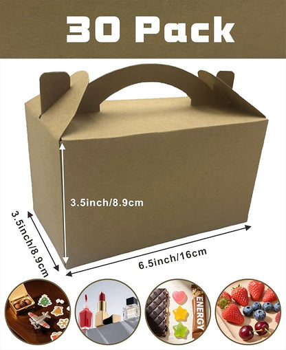 30-Pack Kraft Brown Gable Treat Boxes with Handles, 6" Pop-Up Party Favor Gift Boxes for Birthday, Wedding, Baby Shower, Eco-Friendly Candy, Cookie, Goodie Bags for Kids, Bachelorette Decor