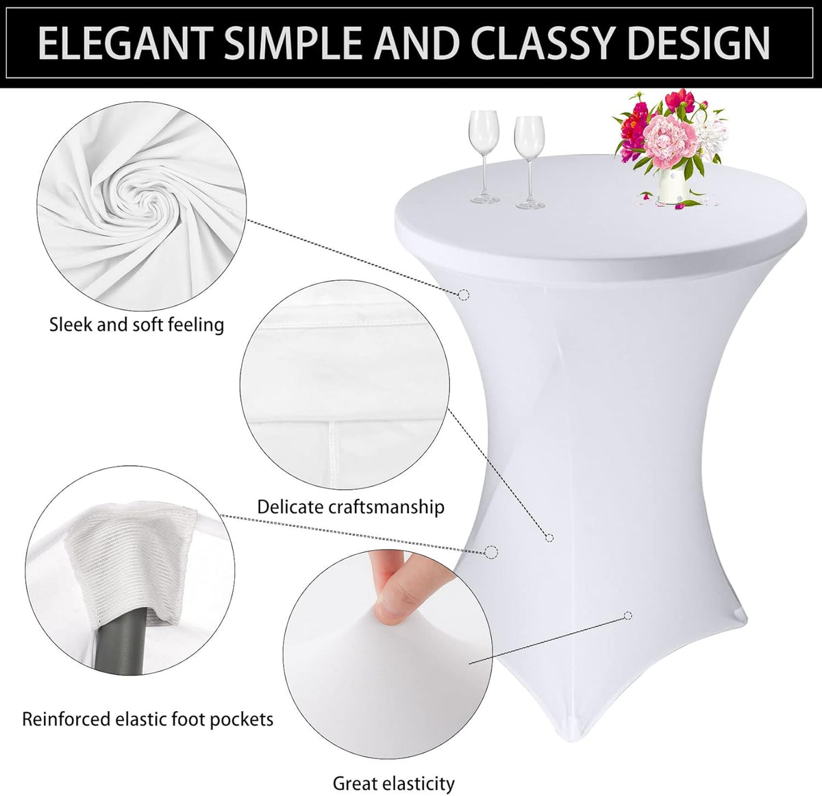 2 Pack Cocktail Spandex Tablecloth 32"x43" Cocktail Table Cover Fitted High Top Round Table for Bar Wedding Birthday Party Banquet (White)
