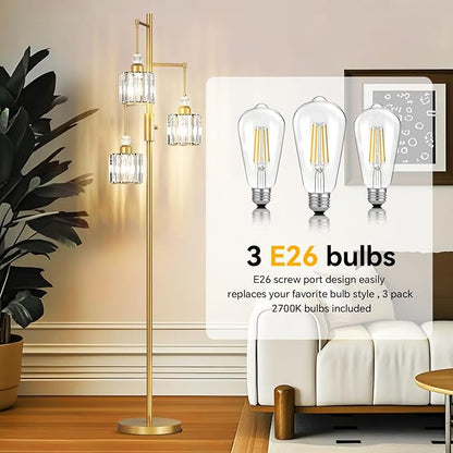 Black Tree Floor Lamp with 3 Crystal Cage Lampshades & Dimmable Bulbs - 70" Vintage Glam Standing Lamp for Living Room Bedroom, Industrial Modern Decor with Crystal Ball Accents (Gold)