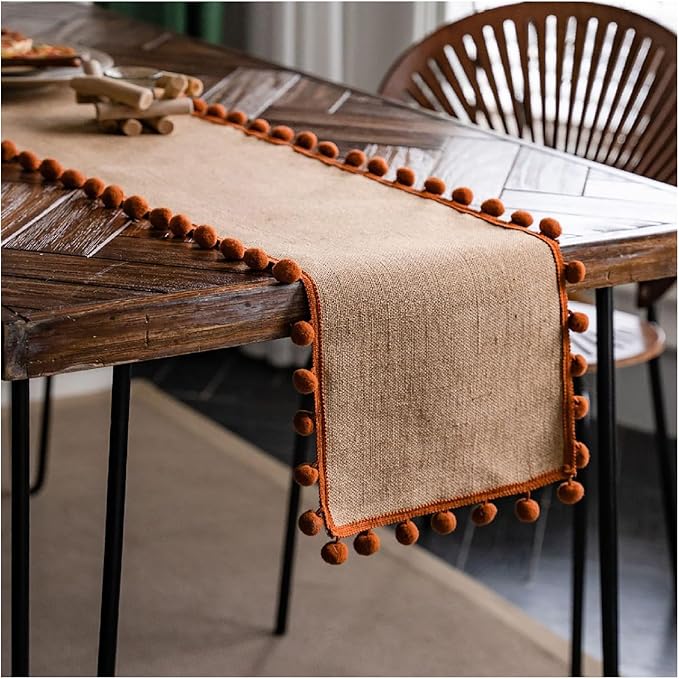Natural Jute Table Runner, Burlap Style Table Runner, Rustic Farmhouse Table Runner Country Vintage for Wedding, Party Table Decorations, Boho Décor Jute Orange Balls 12x63 inch TAB28