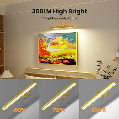 Lights for Pictures on Wall, 16in Battery Operated Picture Lights for Paintings, 5000mAh Wall Lights with Remote and 3 Light Modes,Art Light for Wall Painting,Frame, Portrait, Dartboard - Gold