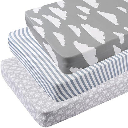 Onacosht Pack n Play Sheets 3 Pack for Baby Unisex, Stretchy Jersey Knitted Portable Mini Crib Sheets Playard Mattress Cover for Baby Boys and Girls, Clouds Stripes and Arrow Printing