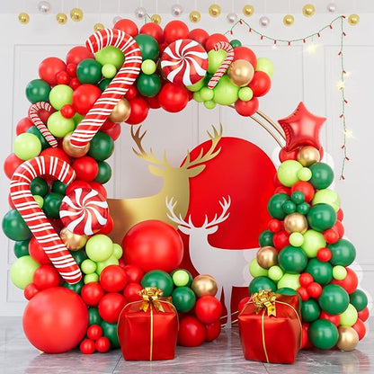 Christmas Balloon Garland Arch kit with Xmas Red Gold Dark Green Balloon Fresh Green Balloon and Candy Balloons Gift Box Balloons Red Star Balloons Rich for Christmas Party Decorations