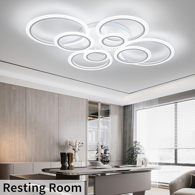 Shine LUEST Modern LED Ceiling Light, Dimmable LED Chandelier Flush Mount Ceiling Lights, Remote Control Acrylic Ring Ceiling Lamp Fixture for Living Room Dining Room Bedroom (White, 8 Rings)
