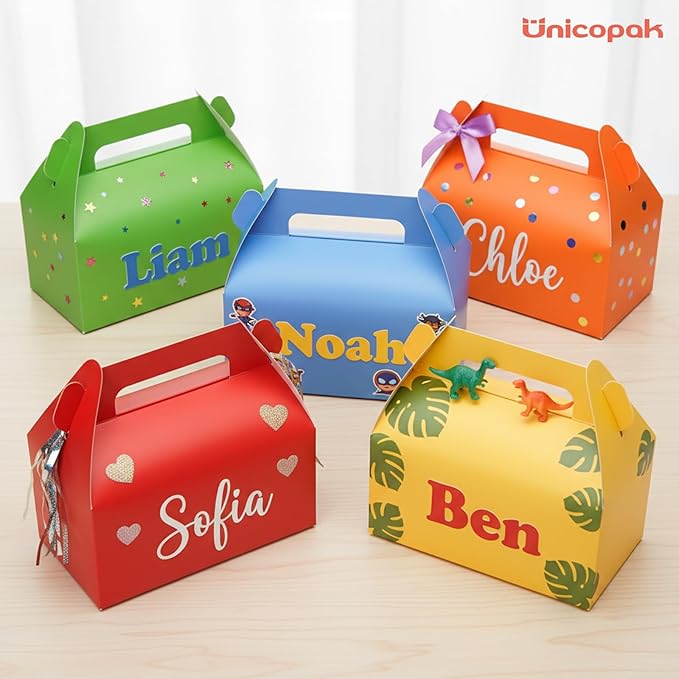 UnicoPak 30 Pack Party Favor Bag Boxes, Gable Gift Boxes with Handles for Candies Treats Goodies Cookies Happy Meals, Ideal for Theme Birthday Party, Classroom Events, Valentine's Day, 6.5x3.5x3.5 Inches