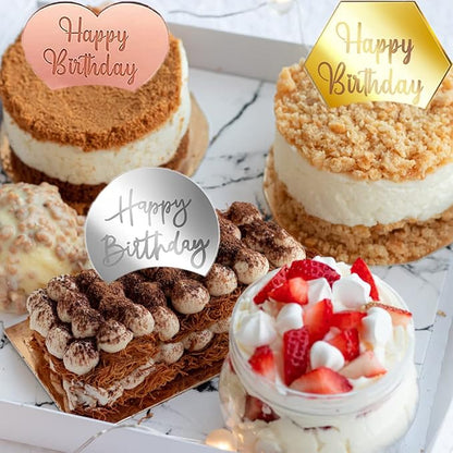 30 PCS Happy Birthday Cake Disc Mini Acrylic Cake Toppers, Mirror Acrylic Cupcake Toppers DIY Heart Round Hexagon Shape Engraved Cake Topper Charms Cake Cupcake Decorations for Birthday Party Decor