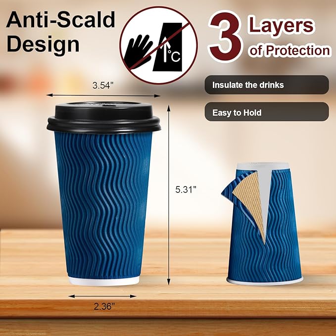 Lamosi 16 OZ Disposable Coffee Cups with Lids 100 Pack, Paper Insulated Corrugated Ripple Wall Cup for Hot Beverages