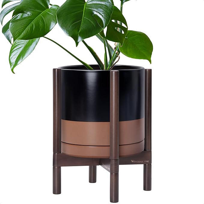 D'vine Dev Ceramic Planter with Walnut Color Stand - 12 Inch Modern Round Flower Pot with Wood Planter Holder, Black/Speckled Tan, 55-B-W-7