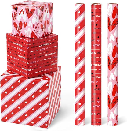 WERNNSAI Valentines Wrapping Paper Rolls - 3 Roll 17”x 120” Happy Valentines Day Gift Wrap Supply Red Love Heart Stripe Design Girls Princess Style for Women Valentine Date Favor